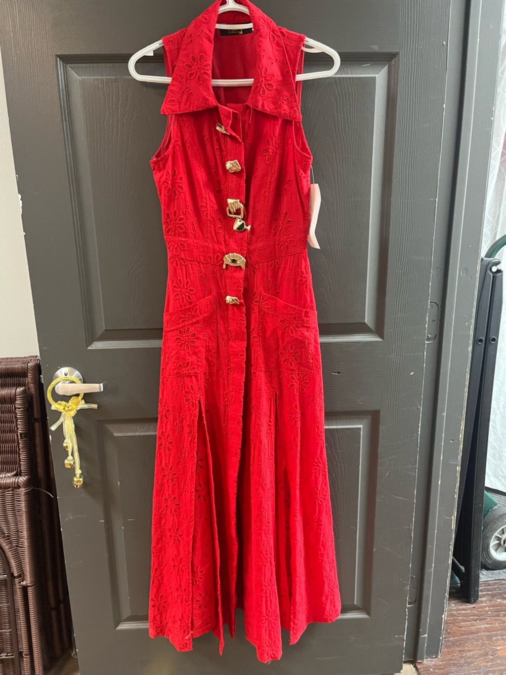 Red Sleeveless Embroidered Maxi Dress with Gold-Tone Accent Buttons